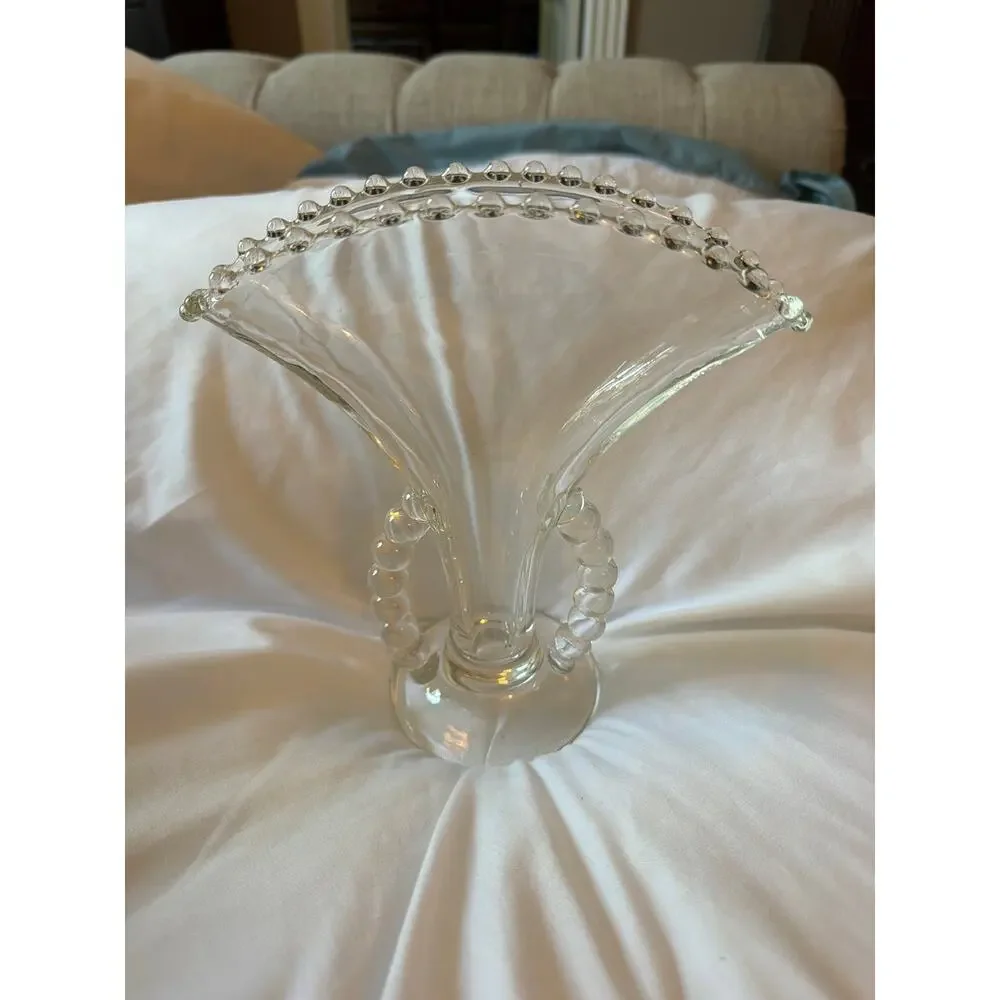 Vintage Imperial Glass Candlewick Fan Vase Beaded Rim Loop Handles Clear Glass